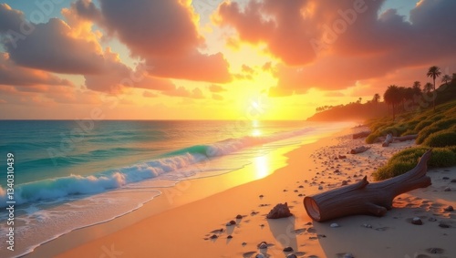 A surreal and vibrant cinematic photograph of ocean waves gently crashing on the shore during sunset, with a golden horizon, generate AI