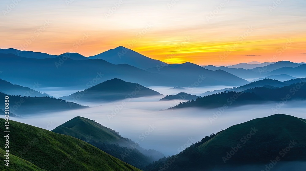 Obraz premium Mountain range landscapes concept. Breathtaking sunrise over misty mountains, showcasing nature's serene beauty.