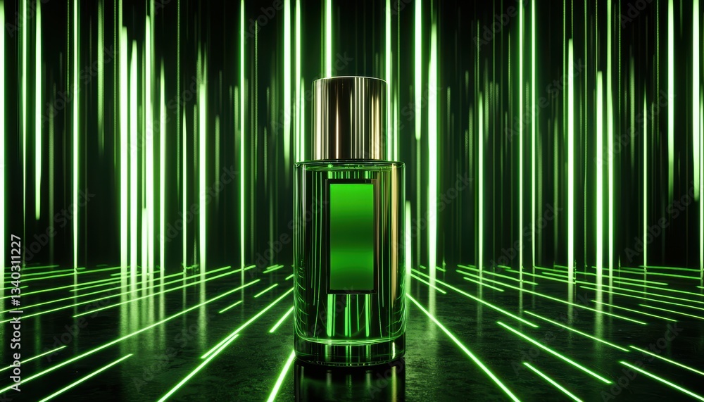 Obraz premium A luxury facial oil bottle embedded with a real-time AI scanner, displaying skin moisture levels in a soft holographic projection, futuristic self-care innovation