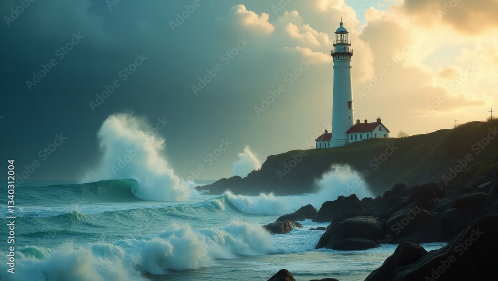 a tall lighthouse standing on a rocky cliff with ocean waves crashing below, generate AI a tall lighthouse standing on a rocky cliff with ocean waves crashing below, generate AI