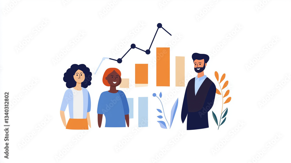Three diverse individuals stand in front of graph with bars and line chart, symbolizing teamwork and data analysis. illustration conveys sense of collaboration and progress Three diverse individuals stand in front of graph with bars and line chart, symbolizing teamwork and data analysis. illustration conveys sense of collaboration and progress