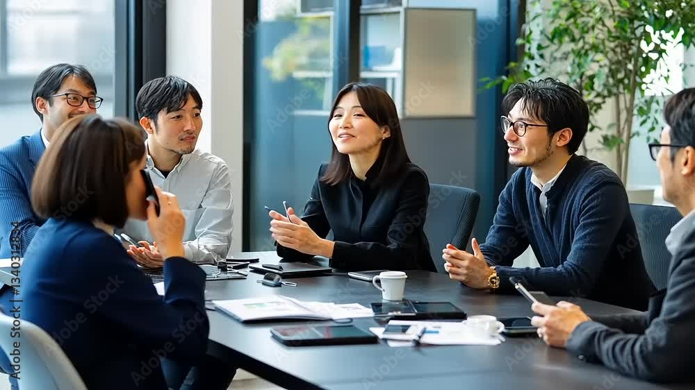 Business meeting with diverse professionals discussing strategies in a modern office setting Business meeting with diverse professionals discussing strategies in a modern office setting
