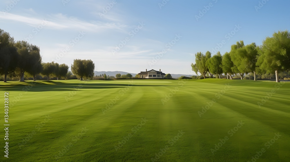 Serene Golf Course Landscape with Clubhouse under Blue Sky Serene Golf Course Landscape with Clubhouse under Blue Sky