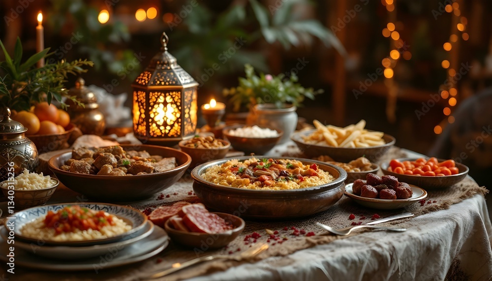A festive table for Eid al-Adha displaying Mandi, meat, rice, and a lantern, creating a warm atmosphere A festive table for Eid al-Adha displaying Mandi, meat, rice, and a lantern, creating a warm atmosphere