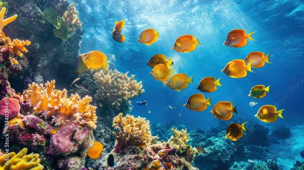 Naklejka premium A vibrant school of tropical fish swimming near a colorful coral reef --ar 16:9 --v 6.1 Job ID: bb4b00b7-880e-4e62-ab80-8d2a364474af