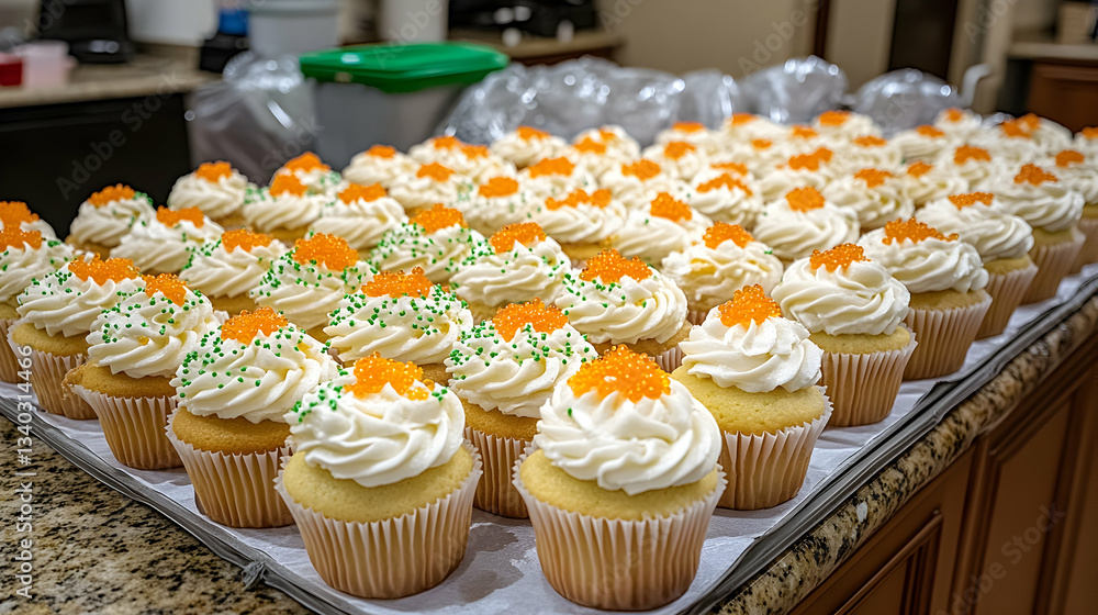 Delicious cupcakes with creamy frosting, orange and green sprinkles, arranged on a tray. Perfect for celebrations, parties, or events. Delicious cupcakes with creamy frosting, orange and green sprinkles, arranged on a tray. Perfect for celebrations, parties, or events.