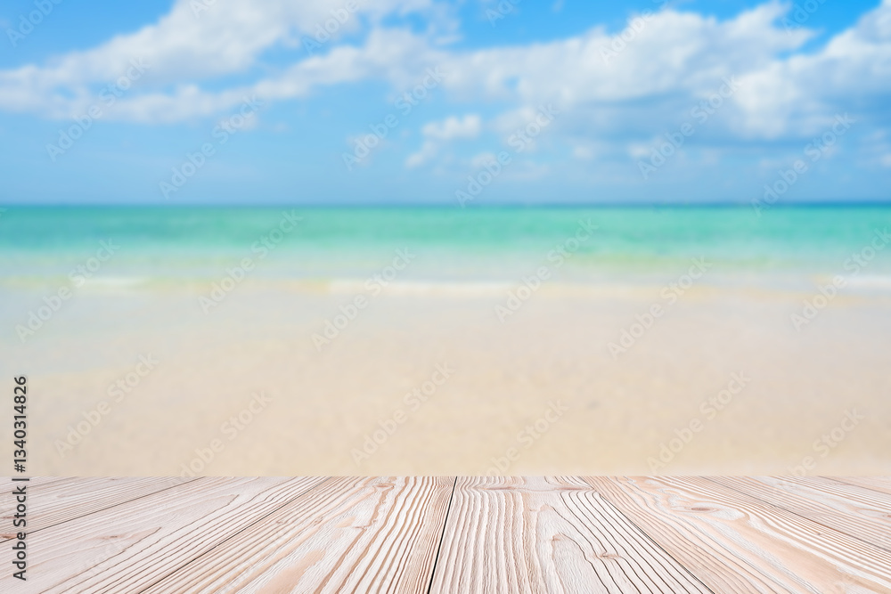 Fototapeta premium Empty wood table mockup with beautiful tropical beach background and copy space for text, Mock up for your product display and montage in summer season. vacation and wallpaper travel concepts