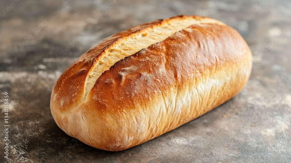 Freshly baked bread loaf with a golden crust placed on a clean surface Freshly baked bread loaf with a golden crust placed on a clean surface