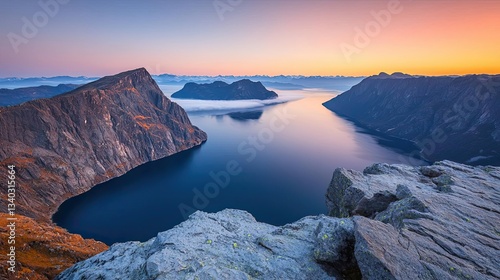 Wallpaper Mural Mountain range landscapes concept. Stunning sunset over a tranquil lake surrounded by majestic mountains and cliffs. Torontodigital.ca