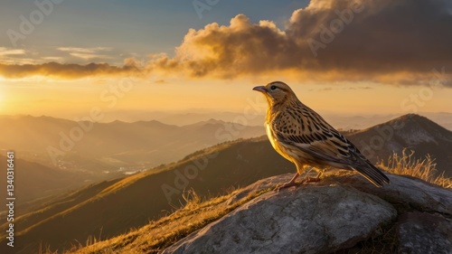 Bird perched on mountaintop at sunrise