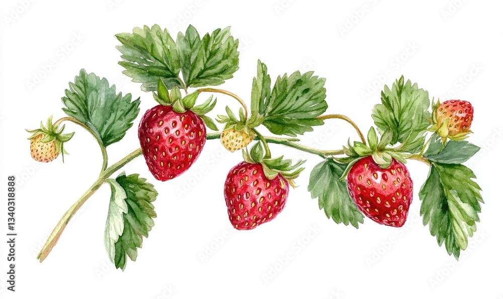Watercolor Strawberry Branch Watercolor Strawberry Branch
