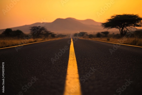 An acacia tree and a road at sunset, this beautiful African landscape prepare...