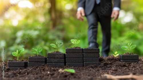 A businessman walks past small green plants growing in soil, symbolizing growth, sustainability, and the balance between nature and business.