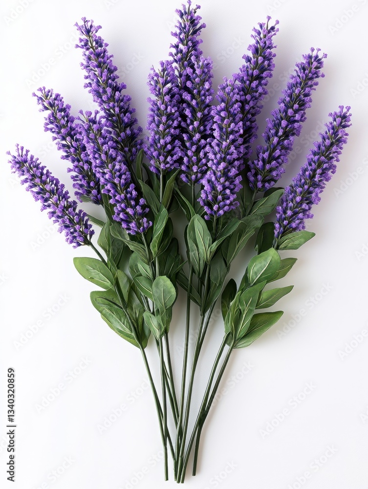 Obraz premium Captivating lavender bouquet on white backdrop showcasing vibrant purple blossoms and lush green foliage in a serene botanical still life
