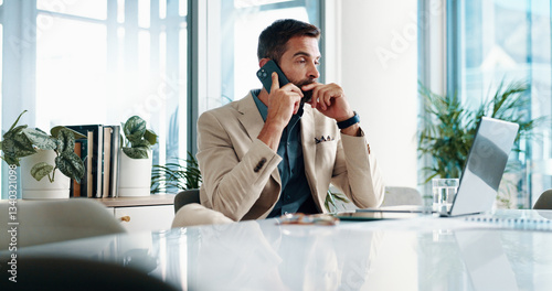 Fotografie Phone call, thinking and business man on laptop for contact, online discussion or communication with anxiety