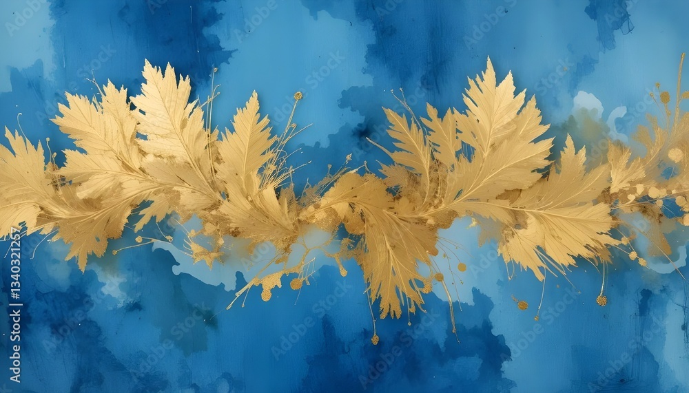 Naklejka premium Luxurious Watercolor Texture Featuring Deep Blue and Shimmering Gold Accents