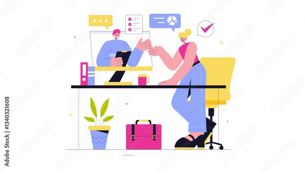 Animation of Freelancing and Gig Economy Vector Illustration featuring Finance, Freelance Contracts, Temporary Employment, Business Success, and Bar Charts Animation of Freelancing and Gig Economy Vector Illustration featuring Finance, Freelance Contracts, Temporary Employment, Business Success, and Bar Charts
