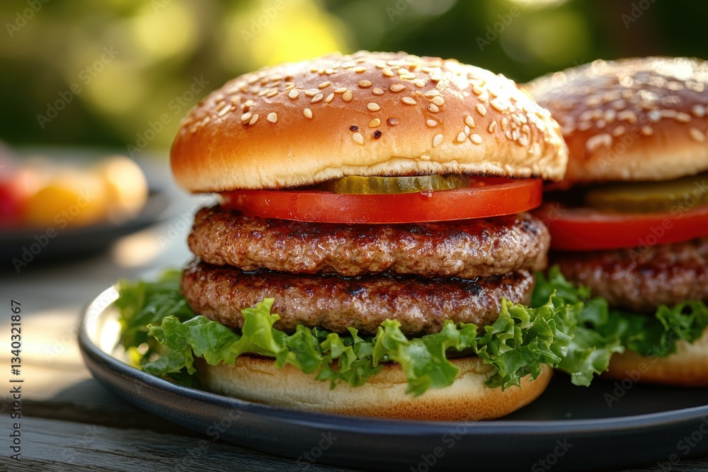 Close Up of Delicious Double Patty Burger with Fresh Tomato and Crisp Lettuce on Plate in Outdoor Setting Close Up of Delicious Double Patty Burger with Fresh Tomato and Crisp Lettuce on Plate in Outdoor Setting