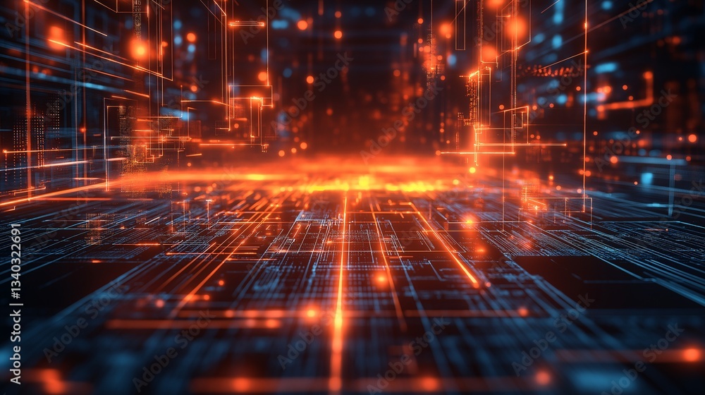 Obraz premium Futuristic Neon Digital Network: Abstract Sci-Fi Computer-Generated 3D Visual with High-Tech Glowing Light and Data Flow