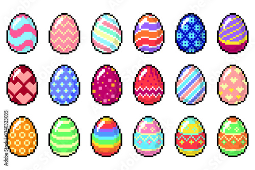 Easter background. Easter poster. Easter icon set. Pixel art seamless holiday pattern. Colorful eggs, cute bunny, chicken, basket, grass, elements, graphic design, illustration, banner, wallpaper,flat