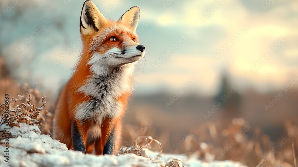 Obraz premium A striking image of a red fox standing tall on a snow covered hill its bright orange fur creating a stunning contrast against the white backdrop