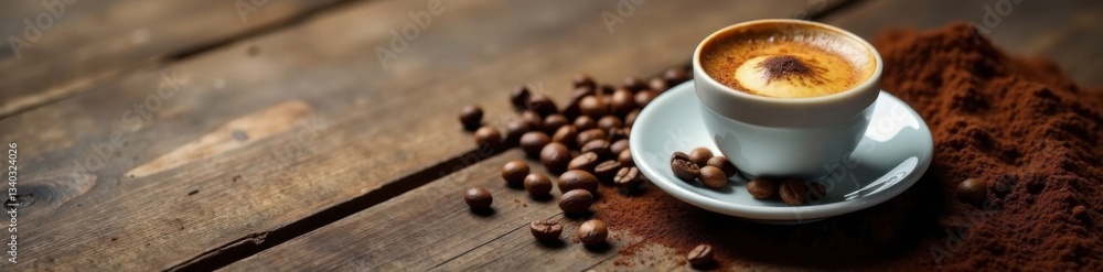 A worn wooden table holds a single serving of espresso in a small cup surrounded by whole coffee beans and scattered coffee grinds , distressed, vintage, old A worn wooden table holds a single serving of espresso in a small cup surrounded by whole coffee beans and scattered coffee grinds , distressed, vintage, old