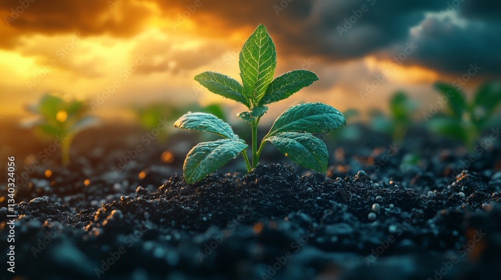Φωτογραφία Young green plant in soil under dramatic sunset sky, symbol of new beginnings