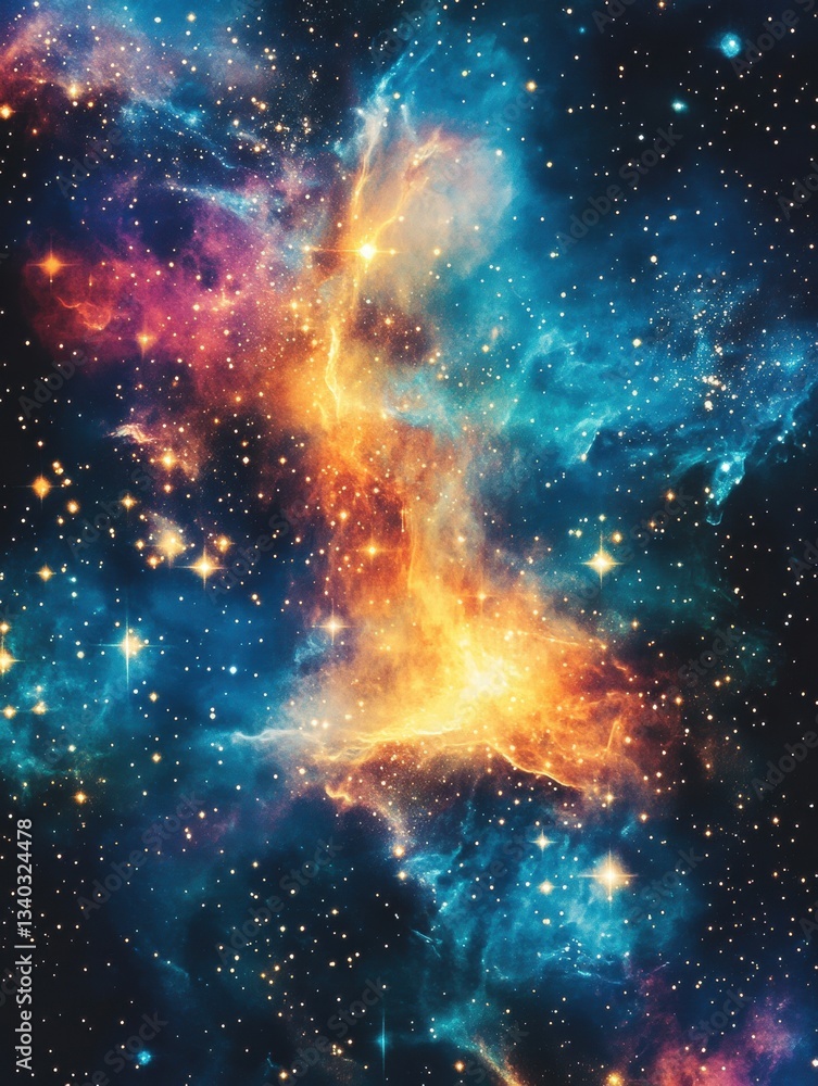 Naklejka premium Cosmic Symphony A Captivating Nebula Display with Vibrant Colors and Sparkling Stars in Deep Space
