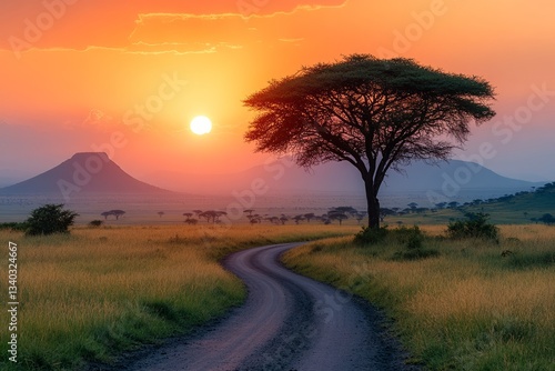 An acacia tree and a road at sunset, this beautiful African landscape prepare...