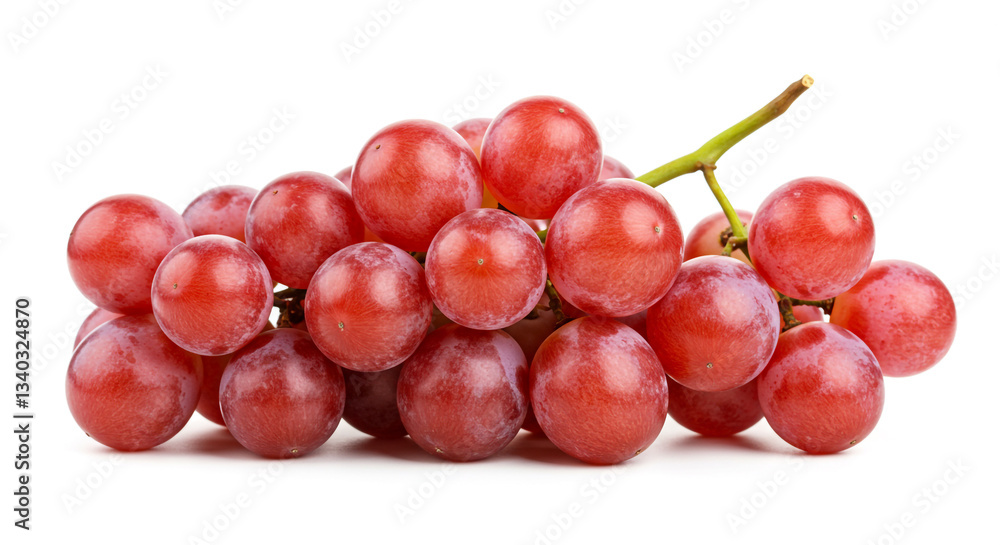 A fresh bunch of red grapes with a smooth, slightly dusty surface and a green stem, isolated on a white background, showcasing their vibrant color and natural texture. A fresh bunch of red grapes with a smooth, slightly dusty surface and a green stem, isolated on a white background, showcasing their vibrant color and natural texture.