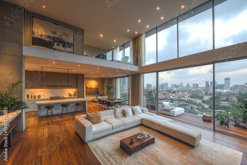 Wallpaper Mural Luxury penthouse living room, city view balcony, dusk cityscape backdrop Torontodigital.ca