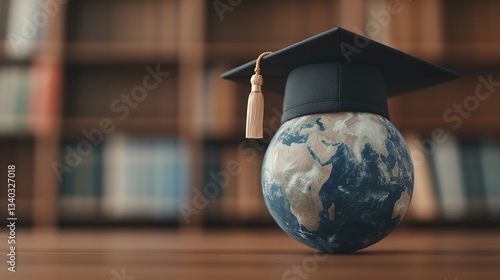 A globe wearing a graduation cap symbolizes education and global learning in a library setting, representing knowledge and understanding.