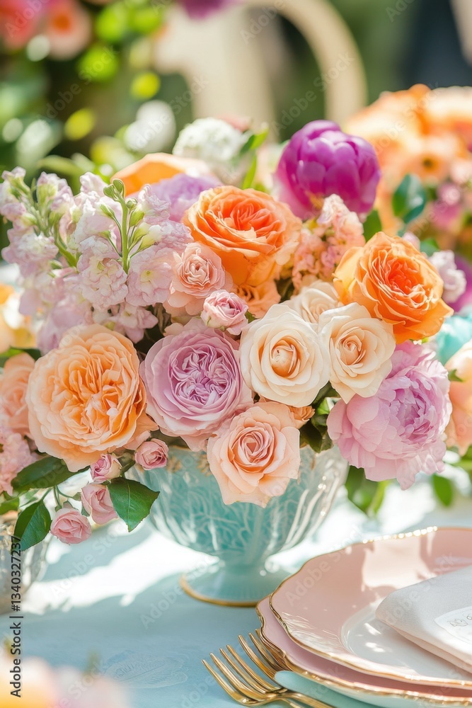 Fototapeta premium Exquisite floral arrangement of roses and peonies in a turquoise vase on a table setting with plates and cutlery capturing a romantic and elegant ambiance