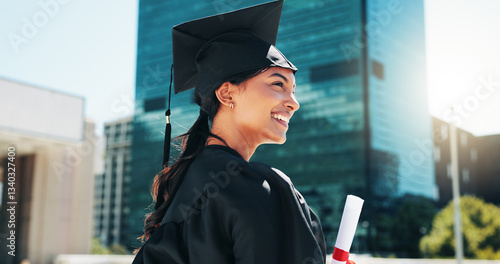 Canvas Print City, graduation and thinking with woman student outdoor for celebration or education event