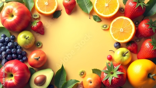 A vibrant and colorful assortment of fresh fruits arranged in a decorative border against a yellow background.