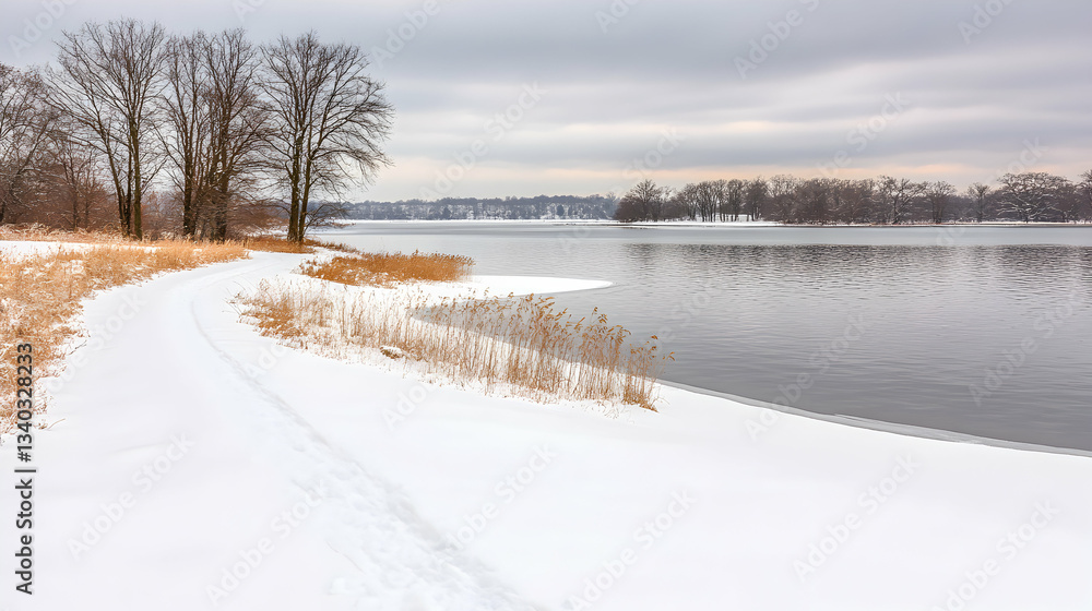 Serene winter landscape snow-covered path winds beside a frozen lake, bare trees under a cloudy sky. Perfect for winter, nature, tranquility themes. Serene winter landscape snow-covered path winds beside a frozen lake, bare trees under a cloudy sky. Perfect for winter, nature, tranquility themes.