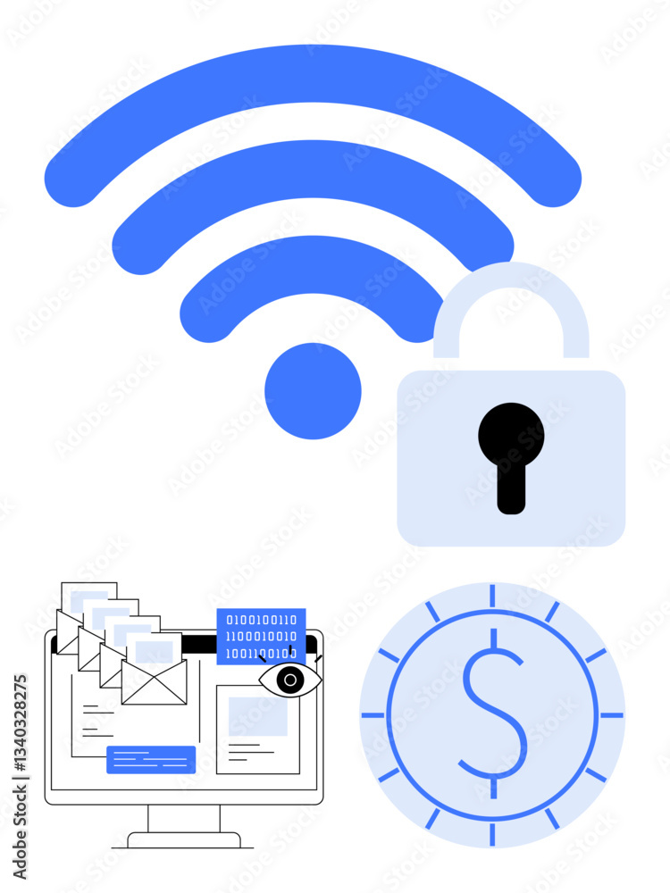 wireless symbol with lock, emails on monitor with data protection, and financial security vault. Ideal for cybersecurity, internet safety, financial security, data privacy, online communication wireless symbol with lock, emails on monitor with data protection, and financial security vault. Ideal for cybersecurity, internet safety, financial security, data privacy, online communication