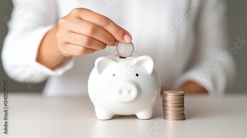 A hand placing a coin into a white piggy bank, symbolizing savings and financial planning in a modern setting.