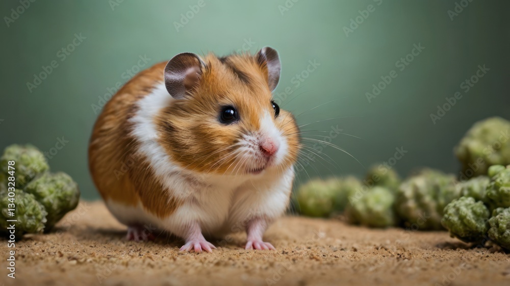 Cute hamster on sand with snacks Cute hamster on sand with snacks
