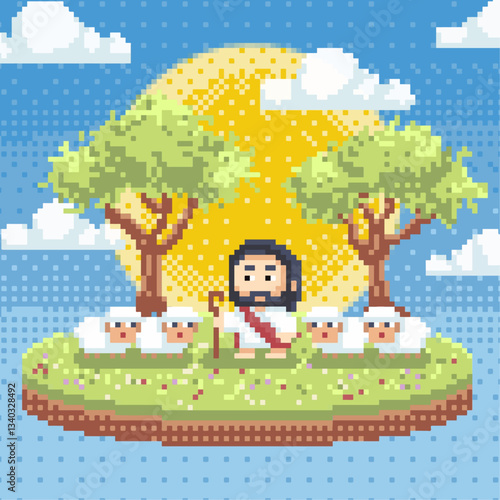 Jesus The Good Shepherd pixel art vector illustration
