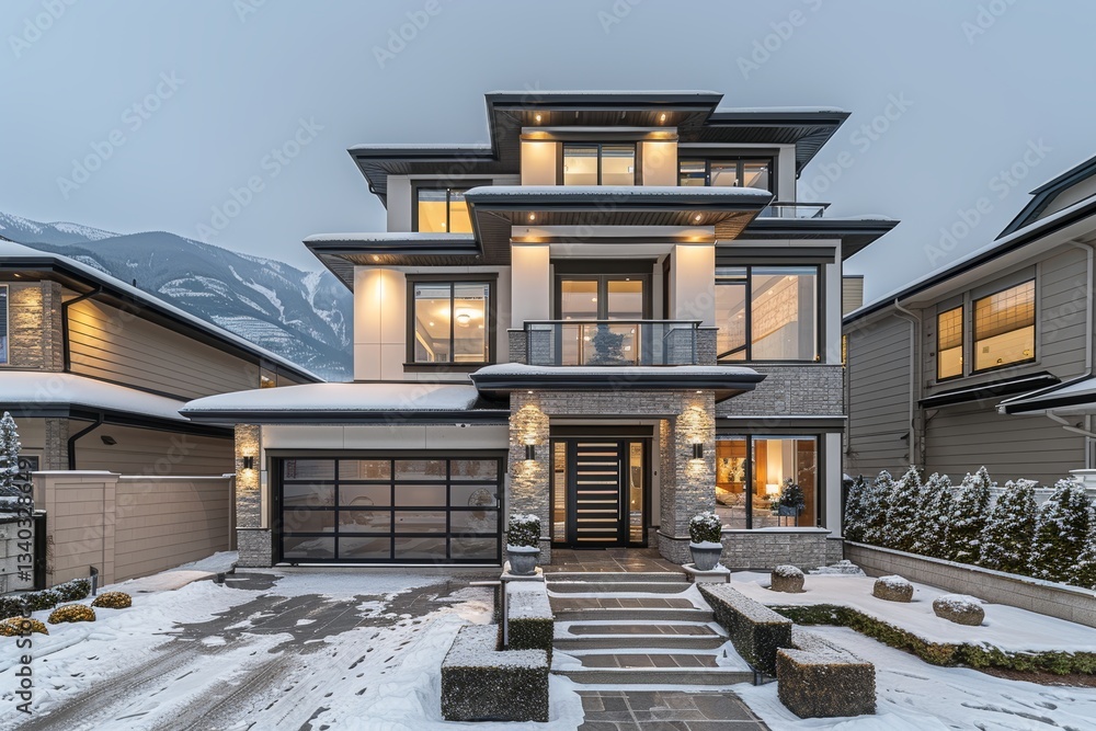 Elegant luxury home facade featuring a spacious garage and stylish driveway design