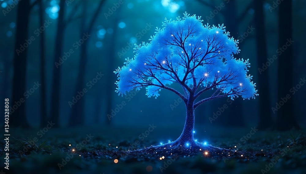 winter tree in the night low-poly or wireframe aesthetic neon-blue of light or sparkle effects technological or futuristic background winter tree in the night low-poly or wireframe aesthetic neon-blue of light or sparkle effects technological or futuristic background