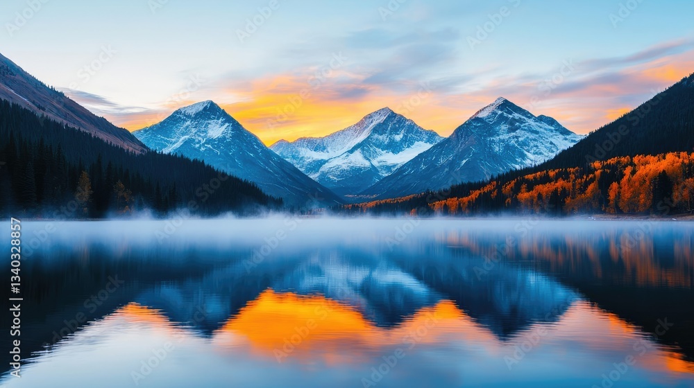 Fototapeta premium National park scenic landscapes idea. Stunning mountain landscape reflecting in a serene lake at sunrise with vibrant colors.
