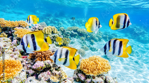 Vibrant Yellow and Black Butterflyfish swim amongst stunning coral reefs in a crystal-clear ocean.  Perfect for travel, nature, or marine life publications.