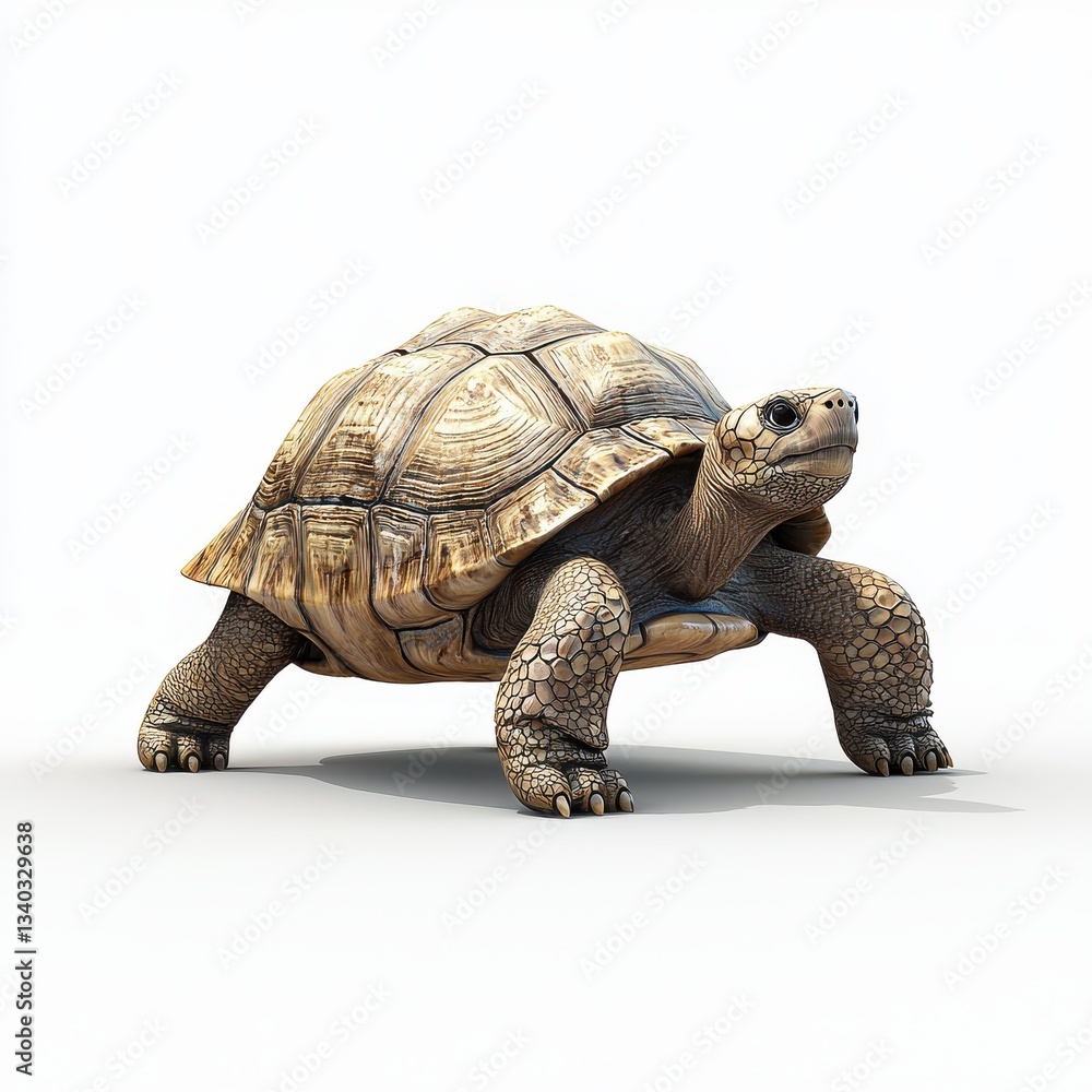 Obraz premium Realistic depiction of a tortoise on a white background, showcasing intricate shell patterns and detailed textures in a natural posture