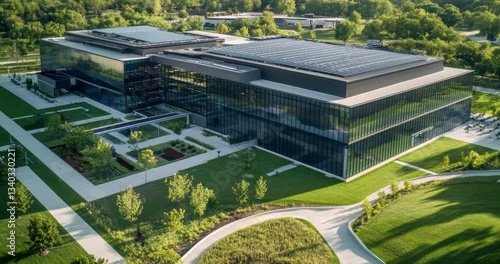 Aerial view of a large-scale data center powered by sustainable energy with solar panels on the roof, surrounded by greenery. Industry and sustainability background concept	