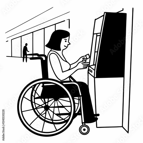 Woman in wheelchair using credit card and atm machine
