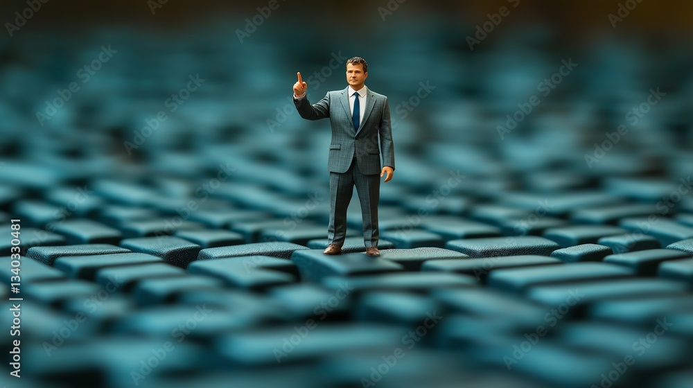 A miniature businessman stands on a textured surface, embodying leadership and innovation in a digital world.
