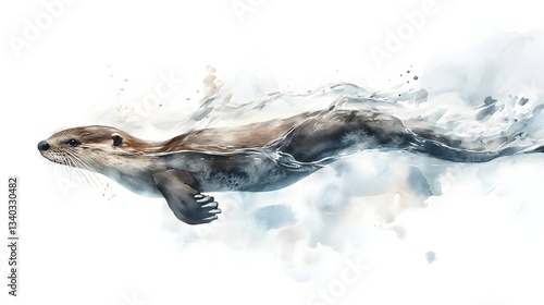 Wallpaper Mural Watercolor depiction shows an otter swimming gracefully in clear water Torontodigital.ca