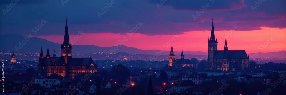 Fototapeta premium City buildings and church spires silhouetted against night sky, night view, silhouette